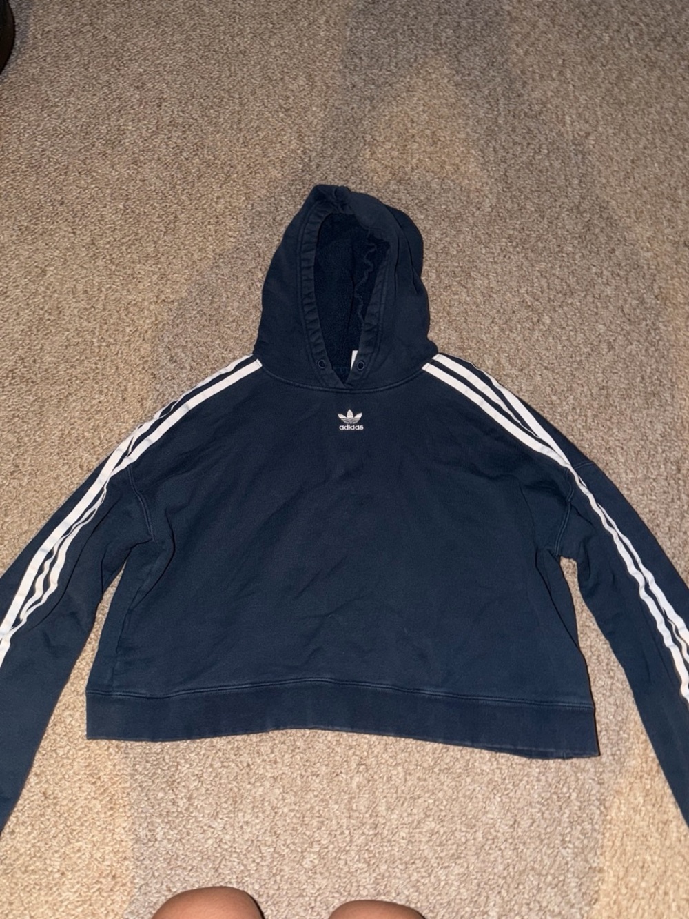 Vintage Adidas Women’s Navy 3-Stripe Hooded Sweatshirt